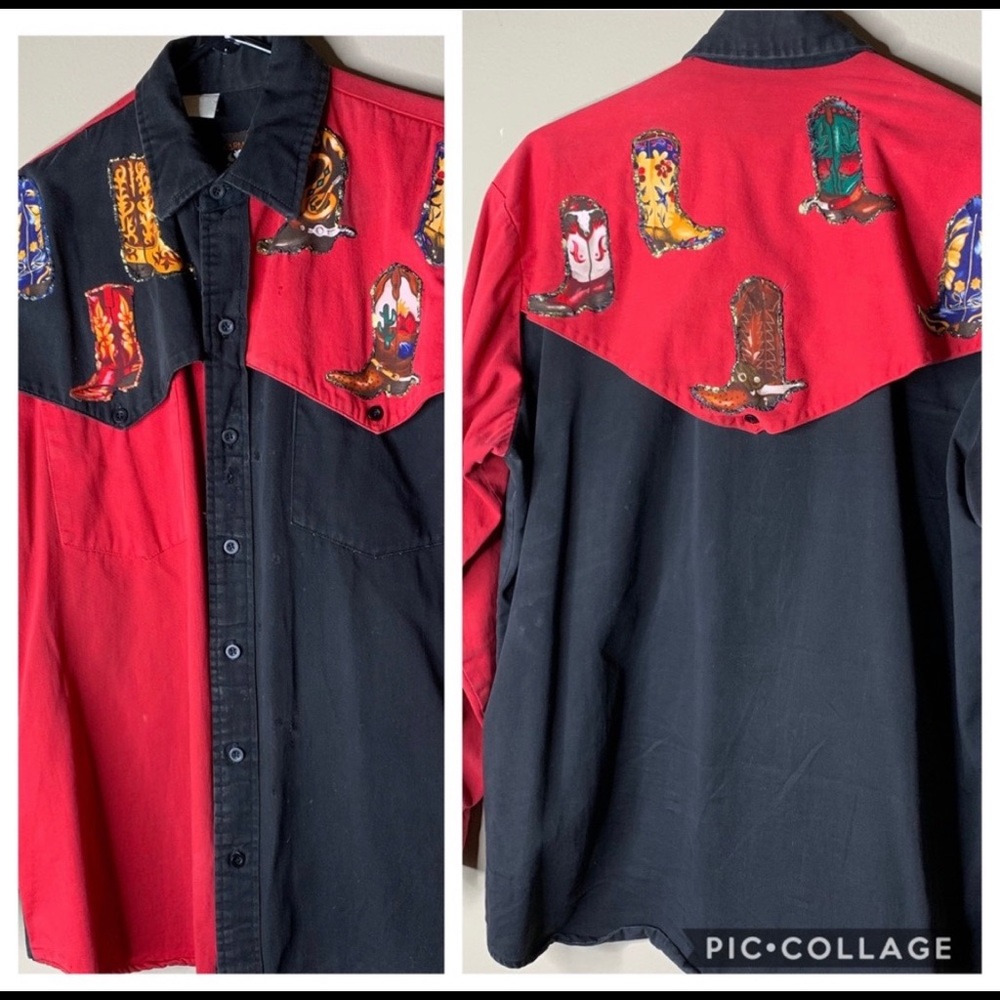 Vintage Cowboy Western Shirt Boot Appliqué L